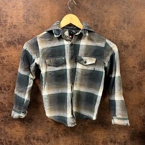 Element Youth Small Green, Brown Plaid and Grey Hooded Button Down Lg Sleeve Top